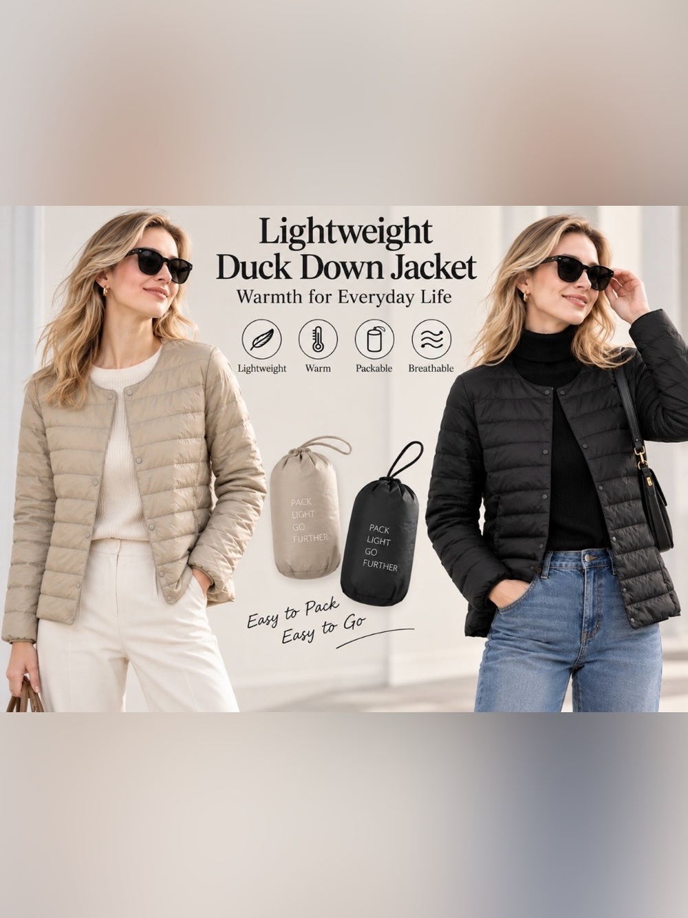 Women's Lightweight Duck Down pocketsble Puffer Jacket Black Beige M, L, XL 2XL